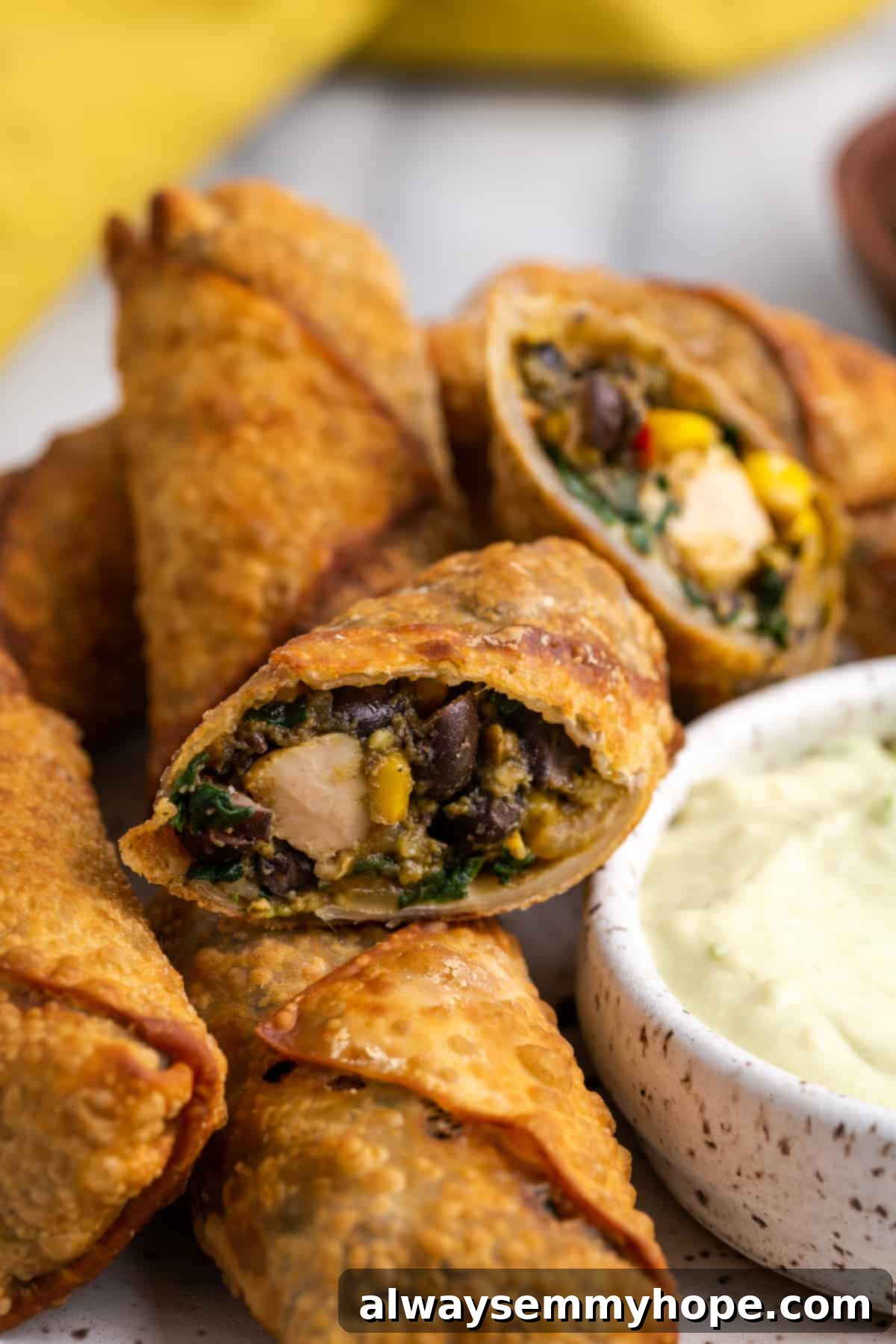Vegan southwest egg rolls on plate with bowl of avocado dipping sauce