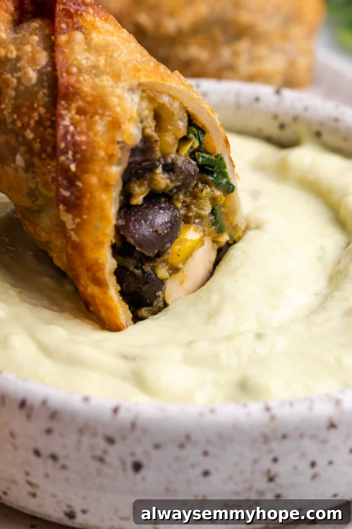 Dipping vegan southwest egg roll into avocado sauce