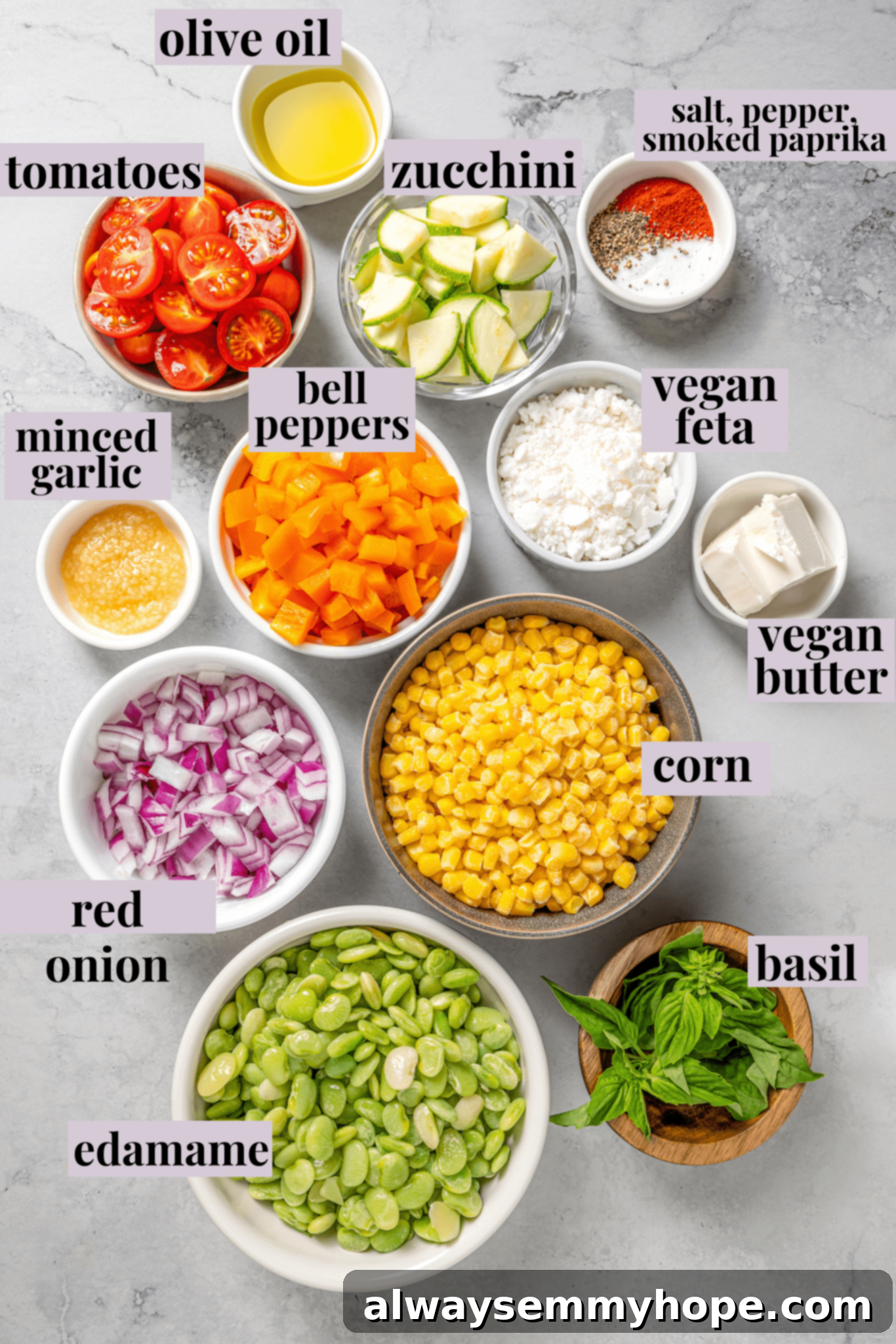 Overhead view of ingredients for vegan corn succotash with labels