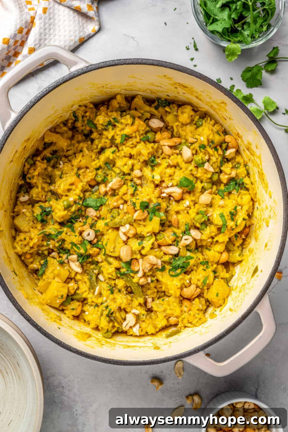 Finished Vegan Vegetable Biryani Ready to Serve A large pot of freshly cooked vegan vegetable biryani, topped generously with golden toasted cashews and vibrant fresh cilantro.