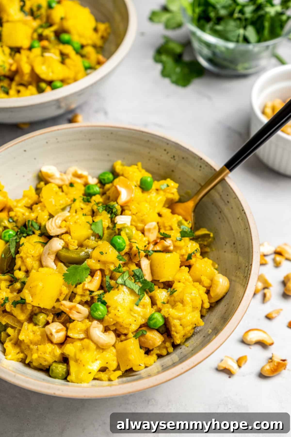 Enjoying a Delicious Bowl of Vegan Vegetable Biryani: A Complete Meal A perfectly cooked bowl of vegan vegetable biryani with a fork, ready to be enjoyed, with a second bowl in the background.