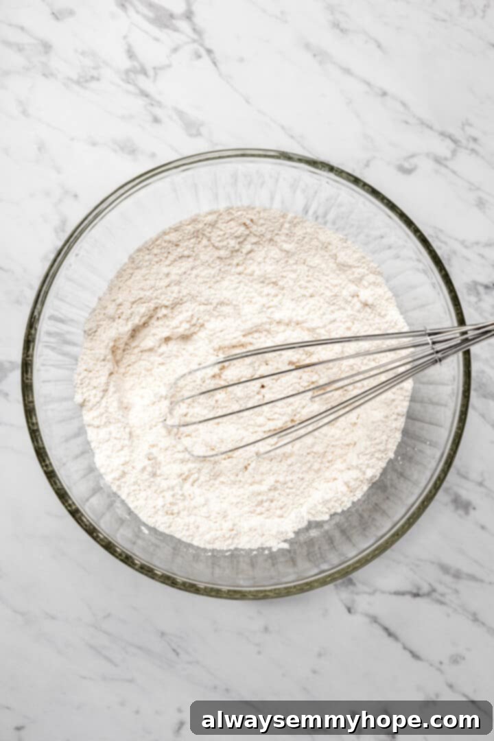 Overhead view of dry ingredients for dumplings in bowl with whisk