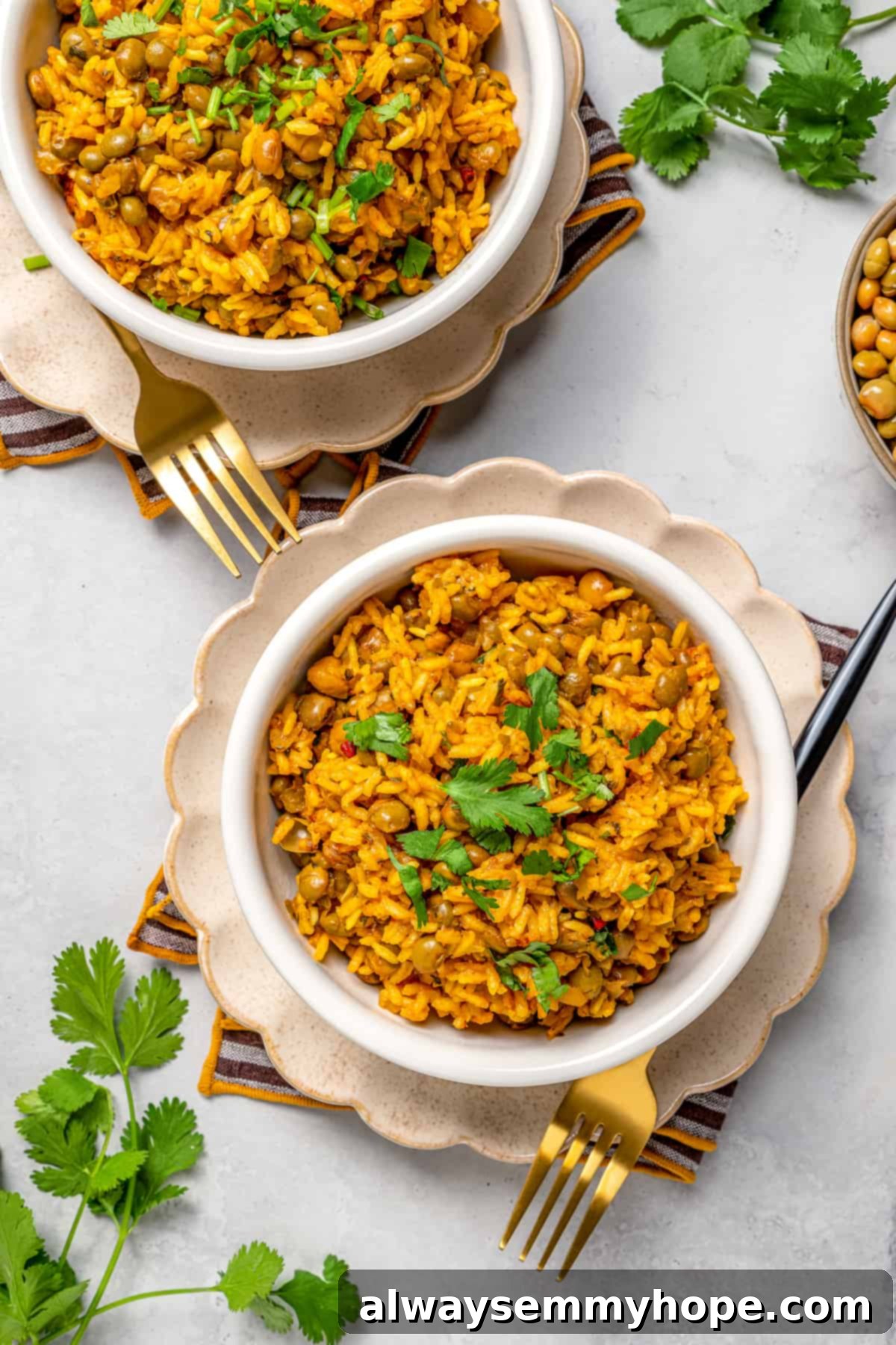 Overhead view of two bowls of vegan Puerto Rican rice and beans, each with a fork, invitingly set on a dark surface.