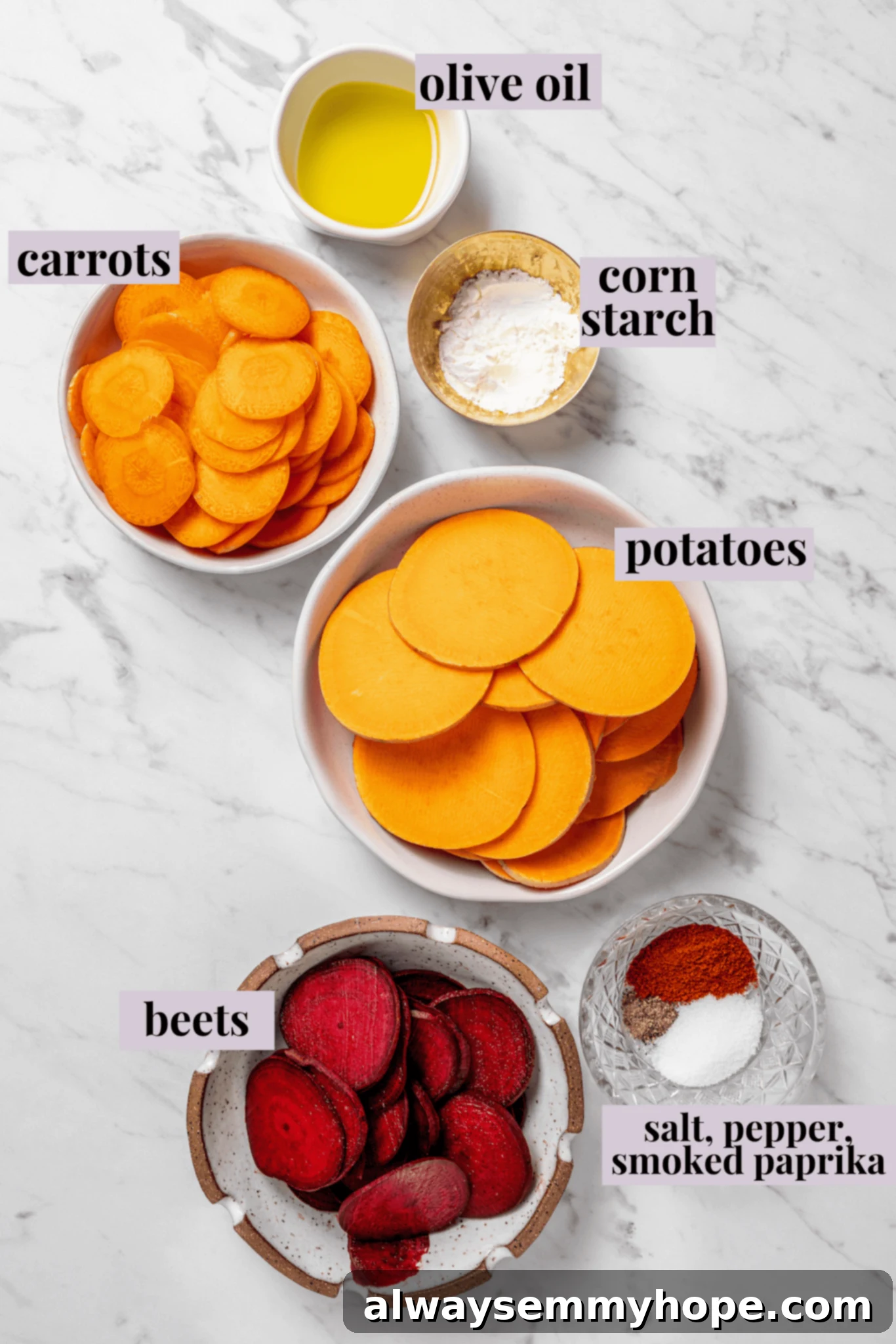 An overhead shot showcasing all the fresh, colorful ingredients required for making air fryer veggie chips, meticulously laid out and clearly labeled.
