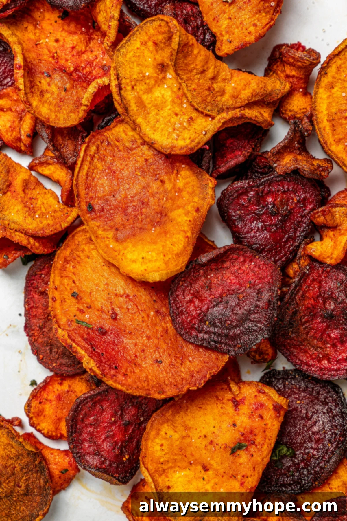 A close-up, overhead view of a pile of perfectly crispy air fryer veggie chips, showing their vibrant colors and appealing texture.