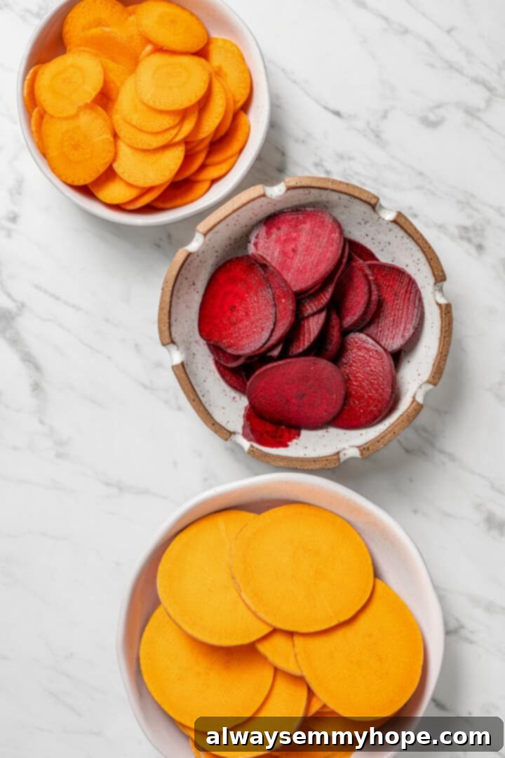 Individual bowls holding separate piles of thinly sliced beets, carrots, and sweet potatoes, ready for preparation.