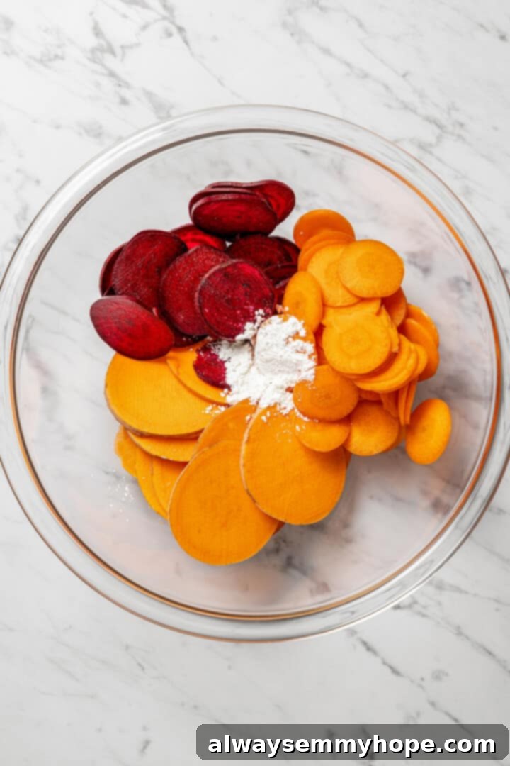 A glass bowl filled with colorful vegetable slices, with a sprinkle of cornstarch lightly dusting them, ready for tossing.