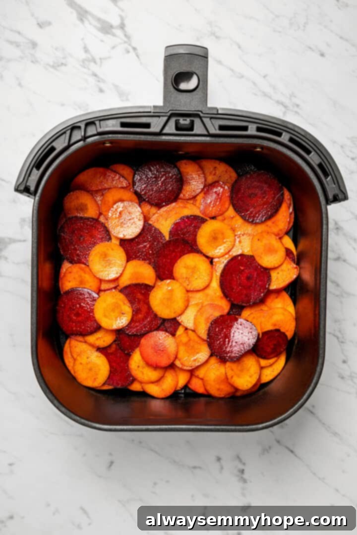 A single, even layer of raw, seasoned veggie slices arranged neatly in the air fryer basket, ready for cooking.