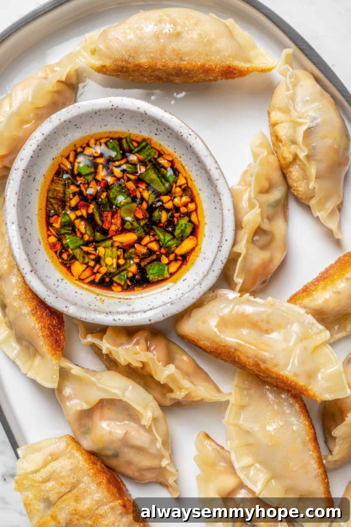 Overhead view of tofu dumplings on platter with bowl of dipping sauce
