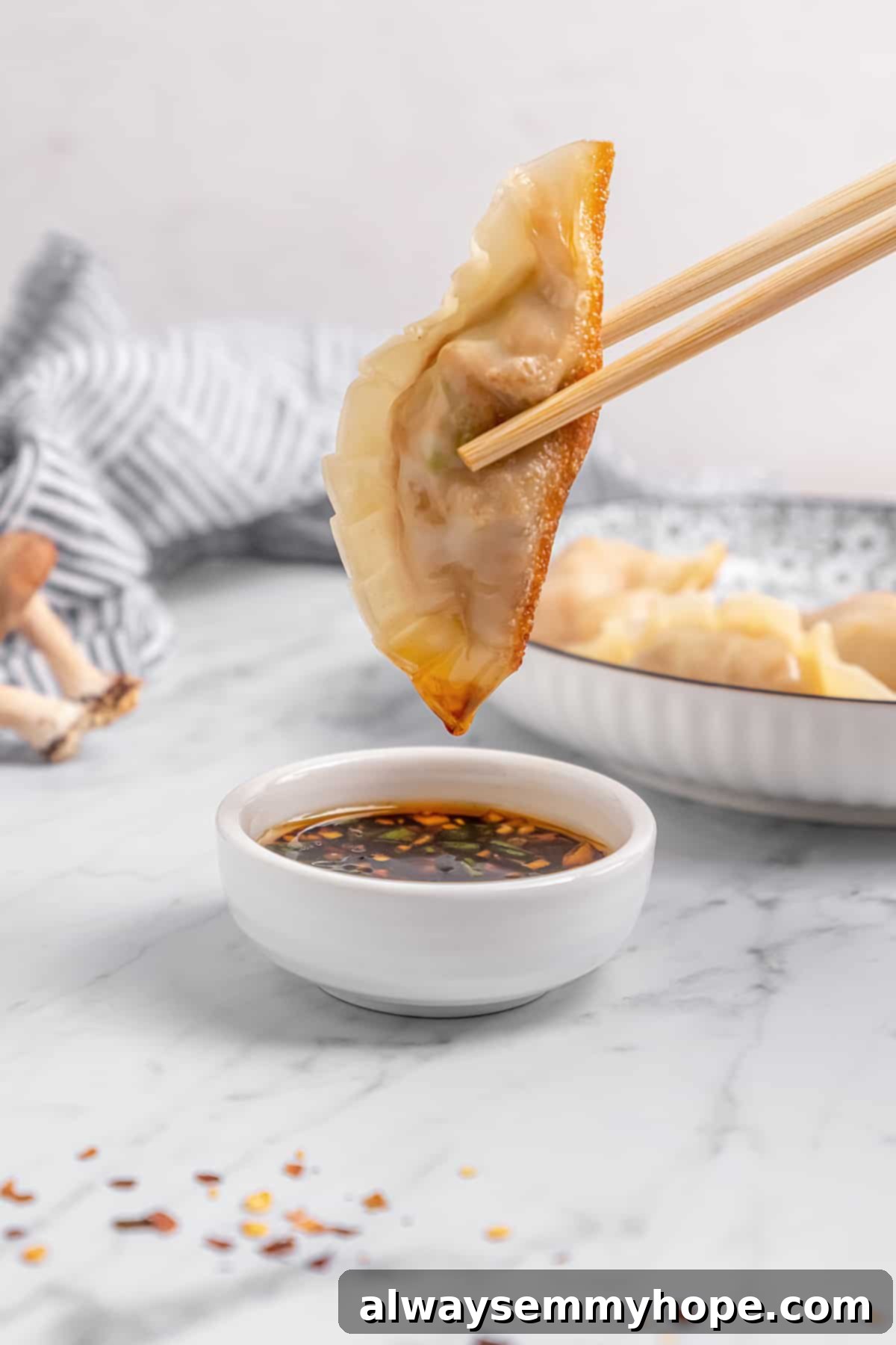 Chopsticks dipping vegan dumpling in small bowl of sauce