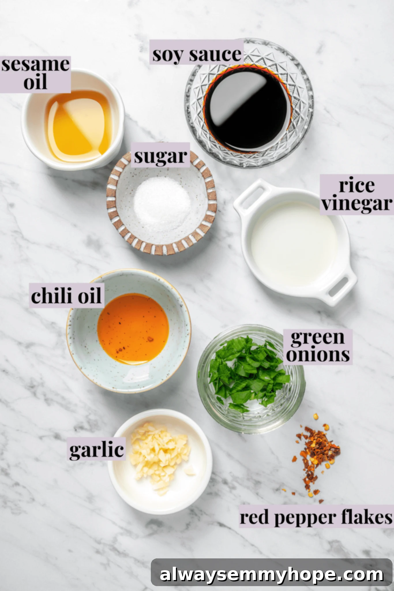 Overhead view of ingredients for dumpling dipping sauce
