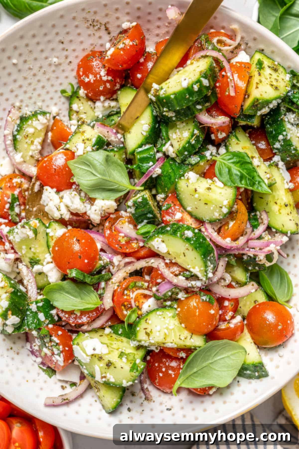 Crisp cucumbers and sun-ripened tomatoes are tossed in a simple vinaigrette for a refreshing, flavourful vegan cucumber and tomato salad. Overhead view of a single golden serving spoon resting in a bowl of vibrant vegan cucumber and tomato salad, ready to be served.
