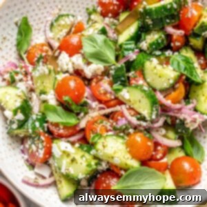 Summer Cucumber Tomato Salad 2 Overhead view of cucumber and tomato salad in bowl with spoon