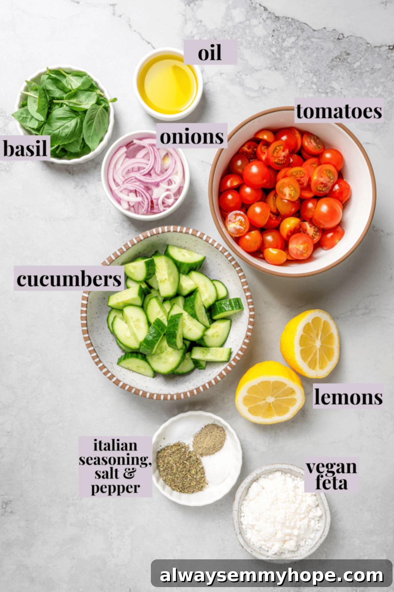 Crisp cucumbers and sun-ripened tomatoes are tossed in a simple vinaigrette for a refreshing, flavourful vegan cucumber and tomato salad. Overhead view of ingredients for vegan cucumber and tomato salad, individually labeled: cucumber, cherry tomatoes, red onion, fresh basil, olive oil, balsamic vinegar, Italian seasoning, salt, pepper, sugar, and vegan feta.