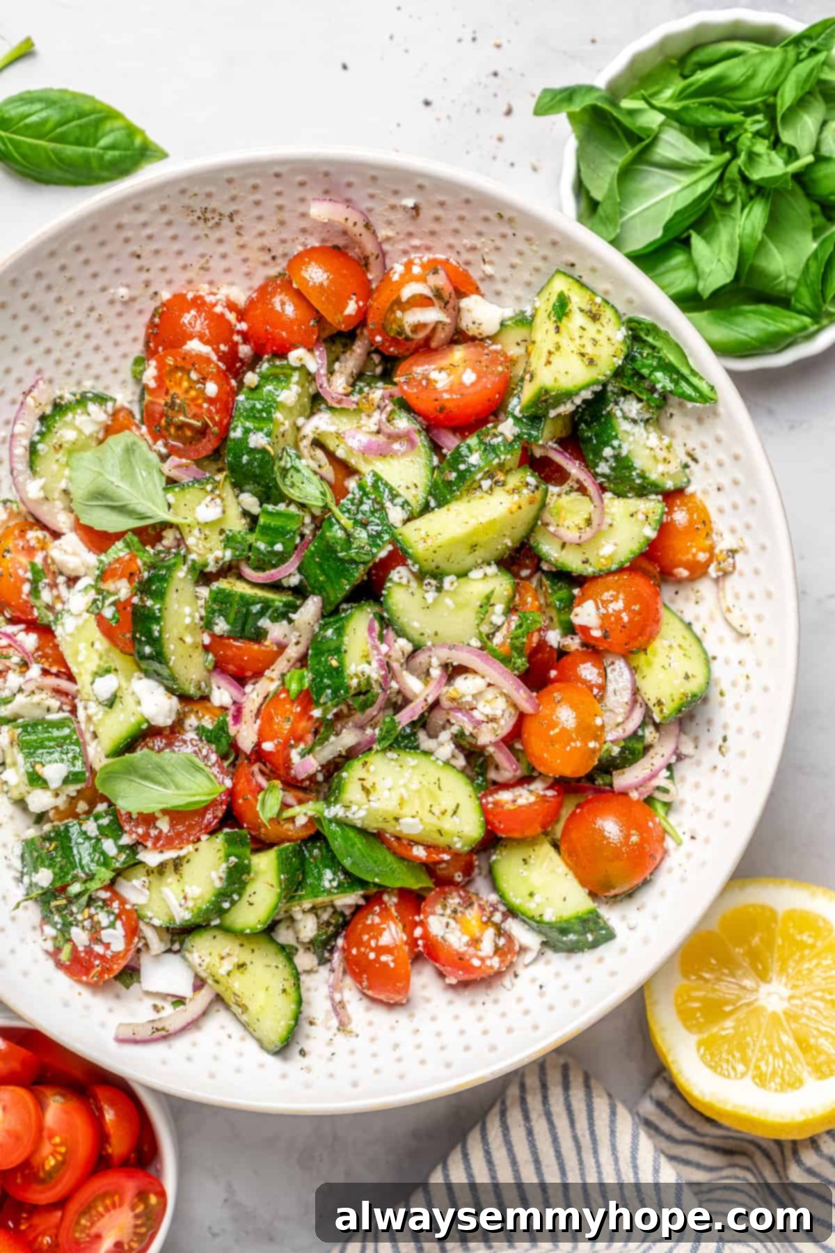 Crisp cucumbers and sun-ripened tomatoes are tossed in a simple vinaigrette for a refreshing, flavourful vegan cucumber and tomato salad. Overhead view of a vibrant vegan cucumber and tomato salad in a rustic serving bowl, garnished with fresh herbs.