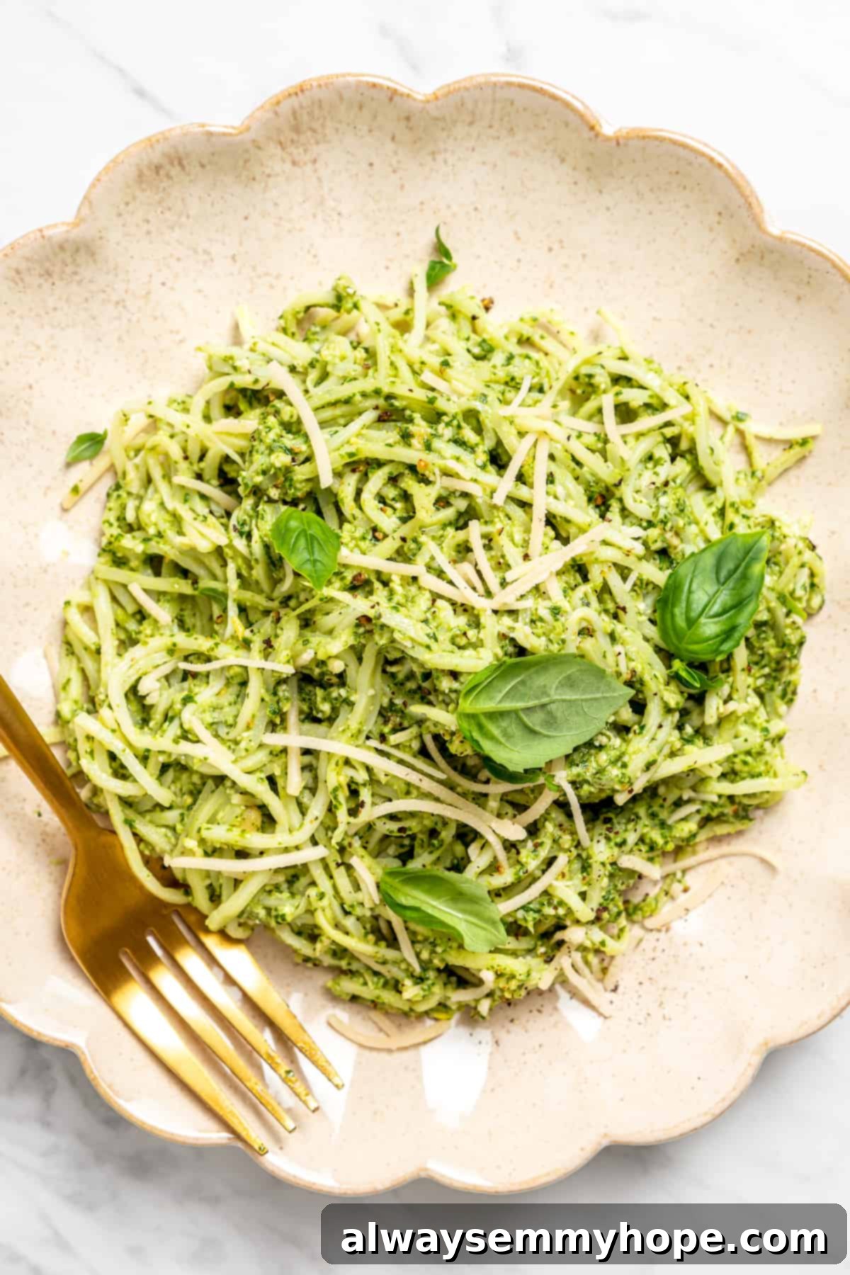 Overhead view of plate of hearts of palm pesto pasta
