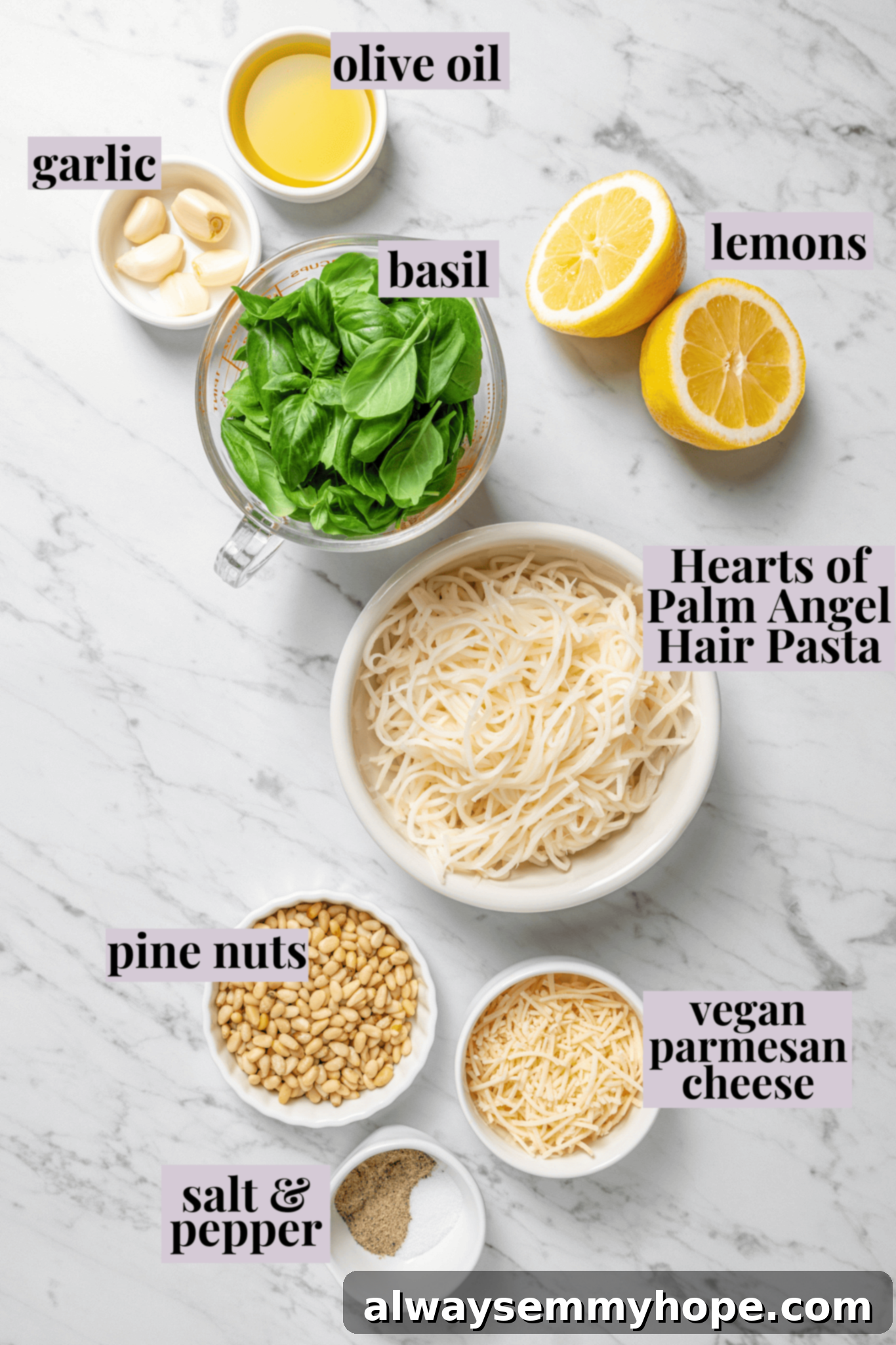 Overhead view of ingredients for hearts of palm pesto pasta