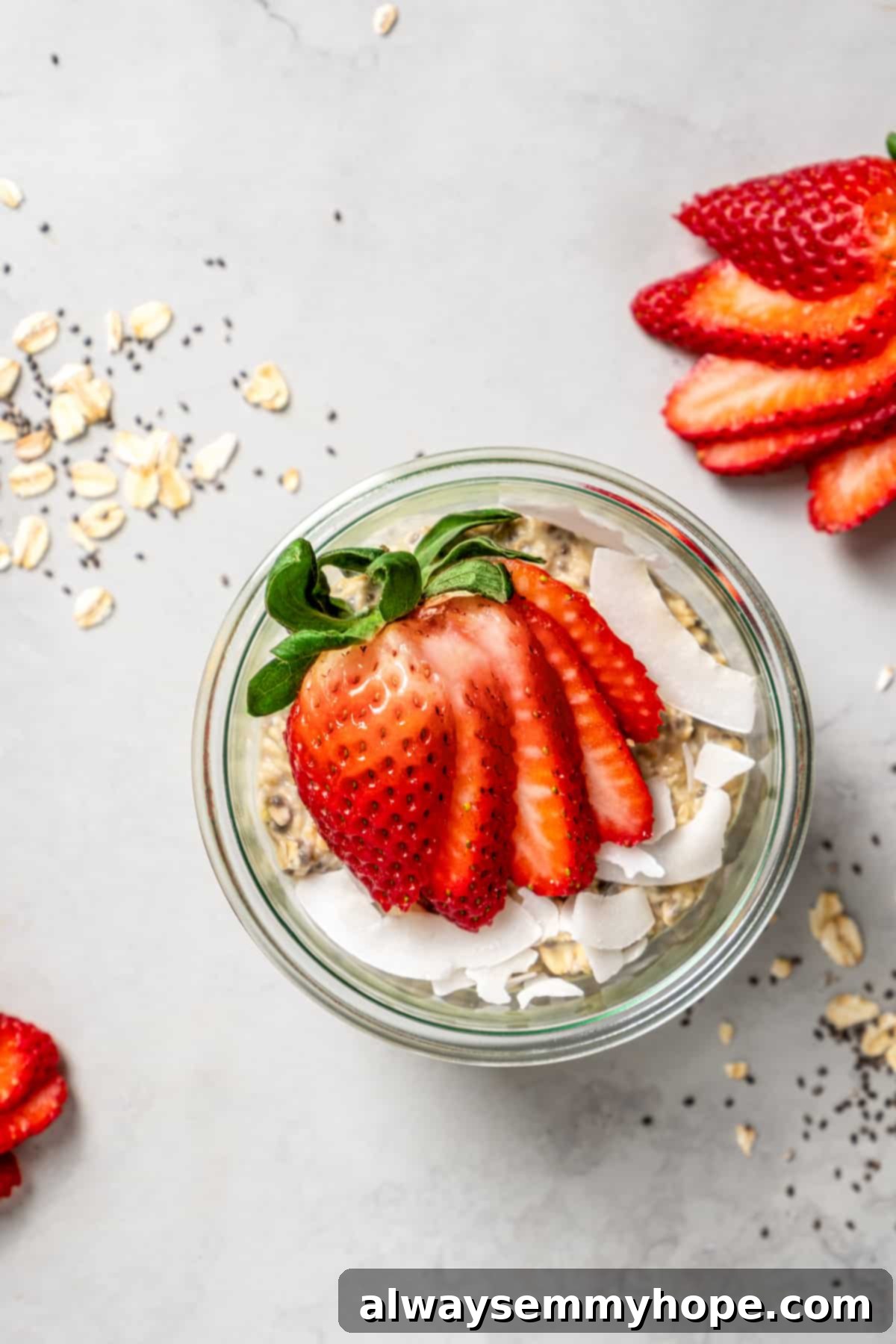 Fuel Your Day: Easy & Delicious Vegan High-Protein Overnight Oats (4 Flavors!) Overhead view of strawberry vanilla high-protein overnight oats in jar
