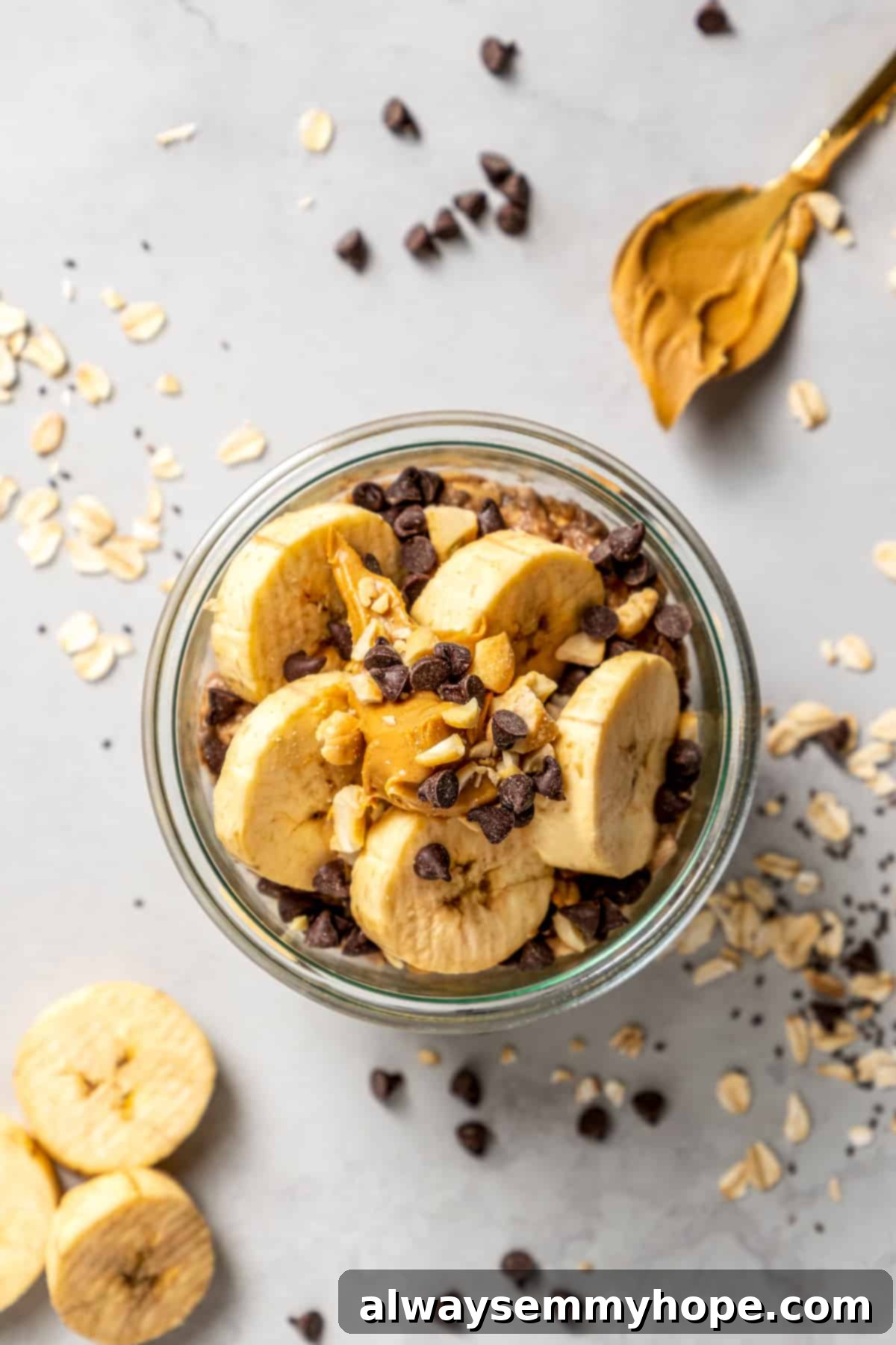 Fuel Your Day: Easy & Delicious Vegan High-Protein Overnight Oats (4 Flavors!) Overhead view of chocolate peanut butter high-protein overnight oats in jar