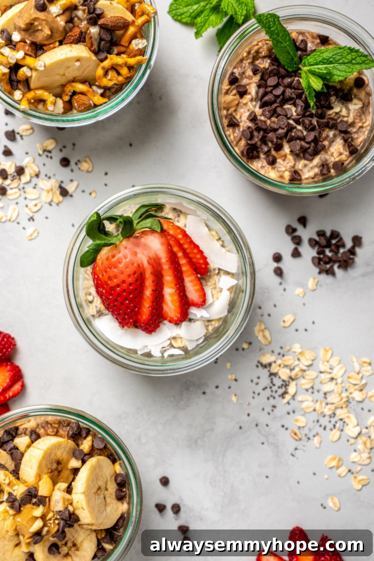 Fuel Your Day: Easy & Delicious Vegan High-Protein Overnight Oats (4 Flavors!) Jars of high-protein overnight oats with ingredients scattered on countertop