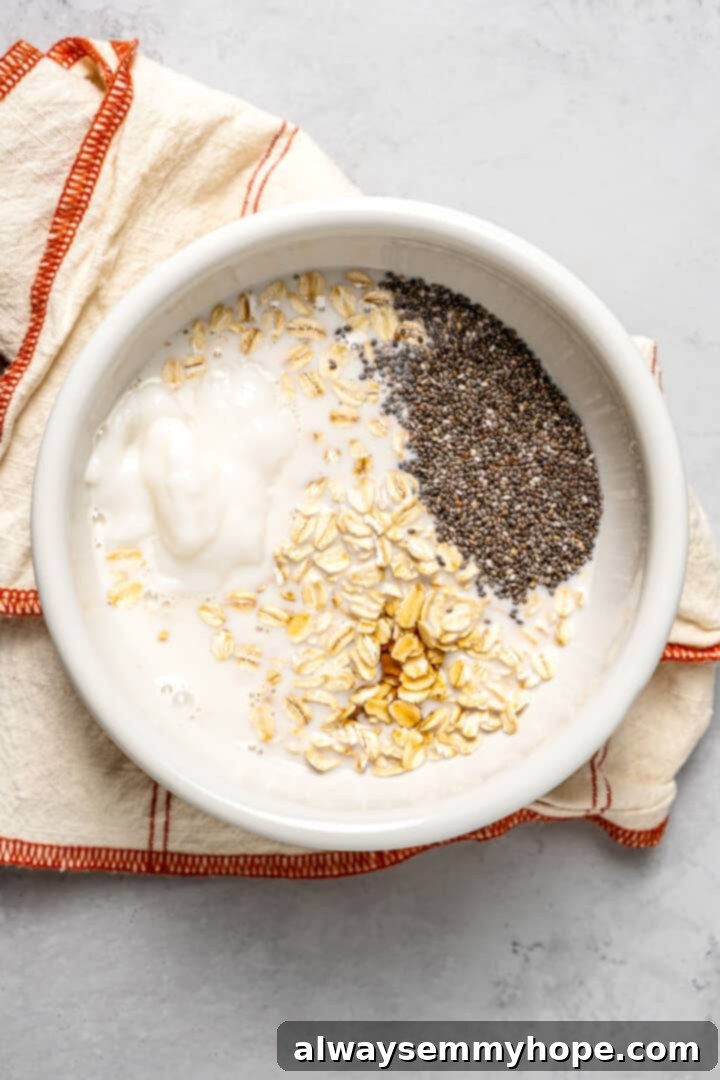 Fuel Your Day: Easy & Delicious Vegan High-Protein Overnight Oats (4 Flavors!) Overhead view of overnight oat ingredients in bowl