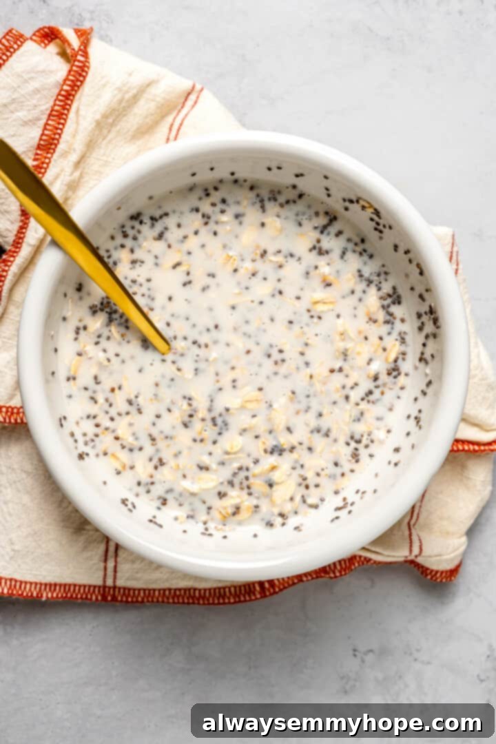 Fuel Your Day: Easy & Delicious Vegan High-Protein Overnight Oats (4 Flavors!) Overhead view of high-protein overnight oats base in bowl with spoon