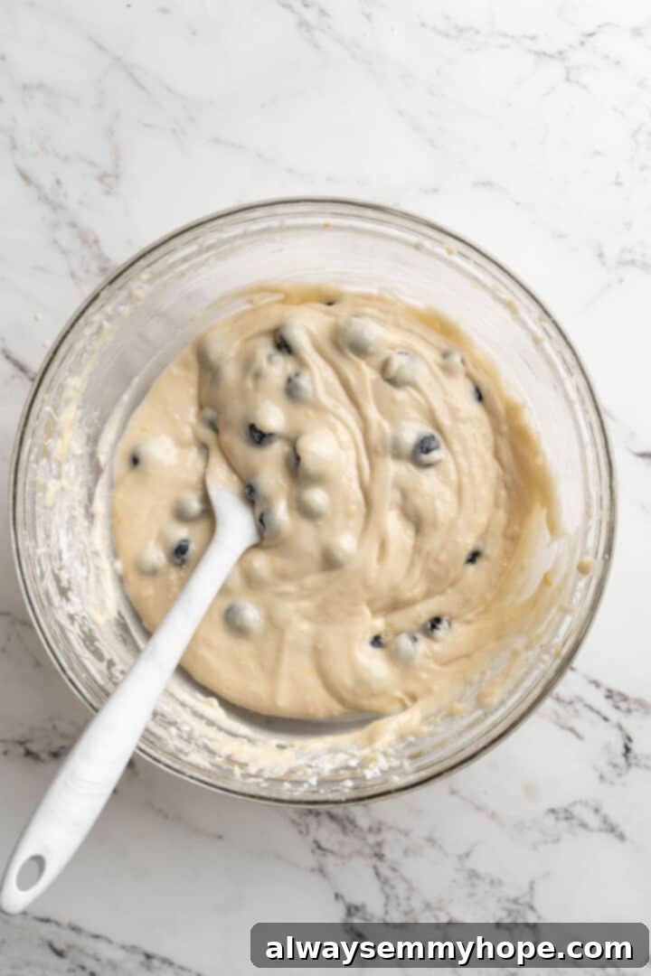 Overhead view of the complete lemon blueberry bread batter in a glass bowl, ready for baking.