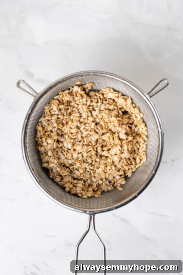 Overhead view of soaked oats in a fine mesh sieve, demonstrating the first step in making creamer.