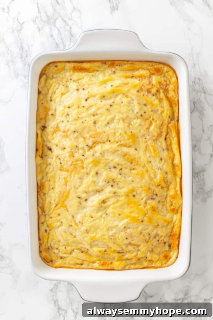 Love biscuits and gravy? You’re going to flip for biscuits and gravy casserole! The comfort food you love in a crowd-pleasing casserole. Overhead view of the vegan biscuits and gravy casserole baking in the oven, with a golden-brown top