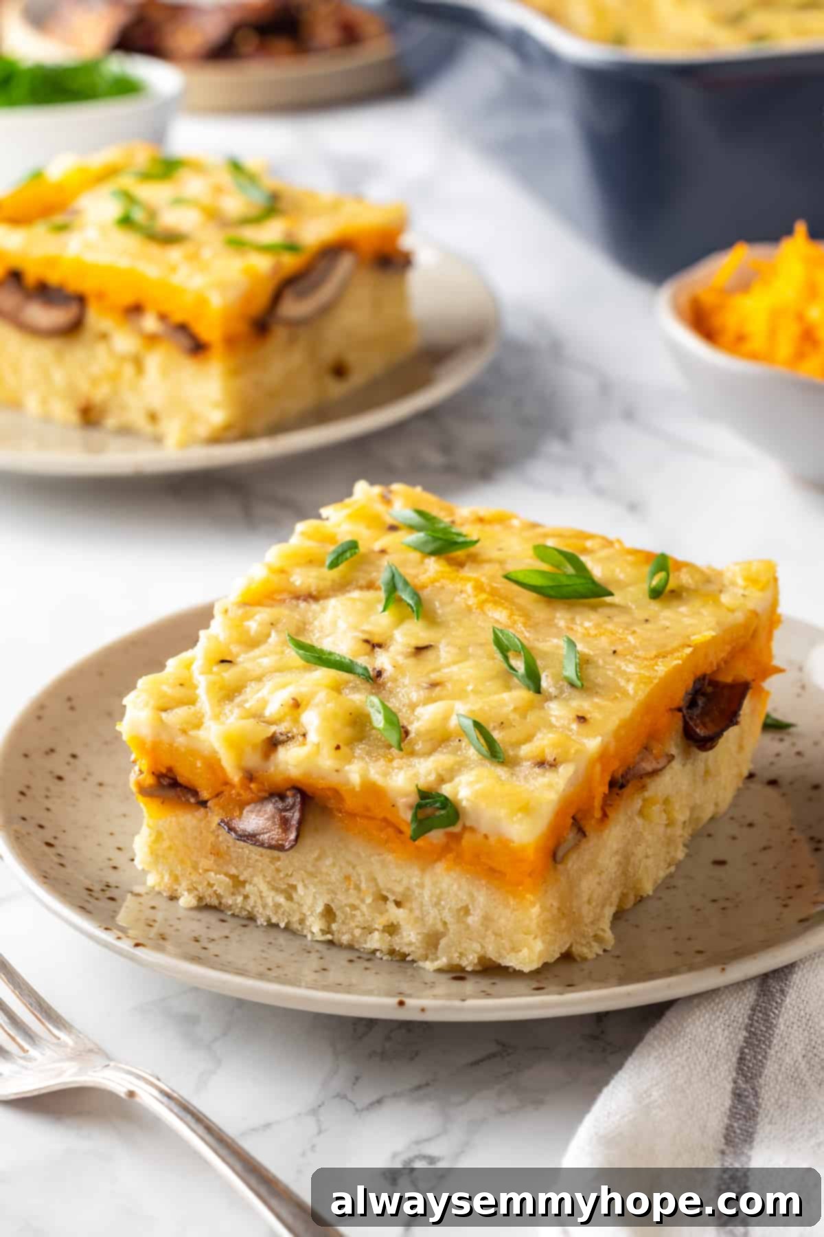 Love biscuits and gravy? You’re going to flip for biscuits and gravy casserole! The comfort food you love in a crowd-pleasing casserole. Two plates of vegan biscuits and gravy casserole, garnished with fresh green onions, ready to be enjoyed