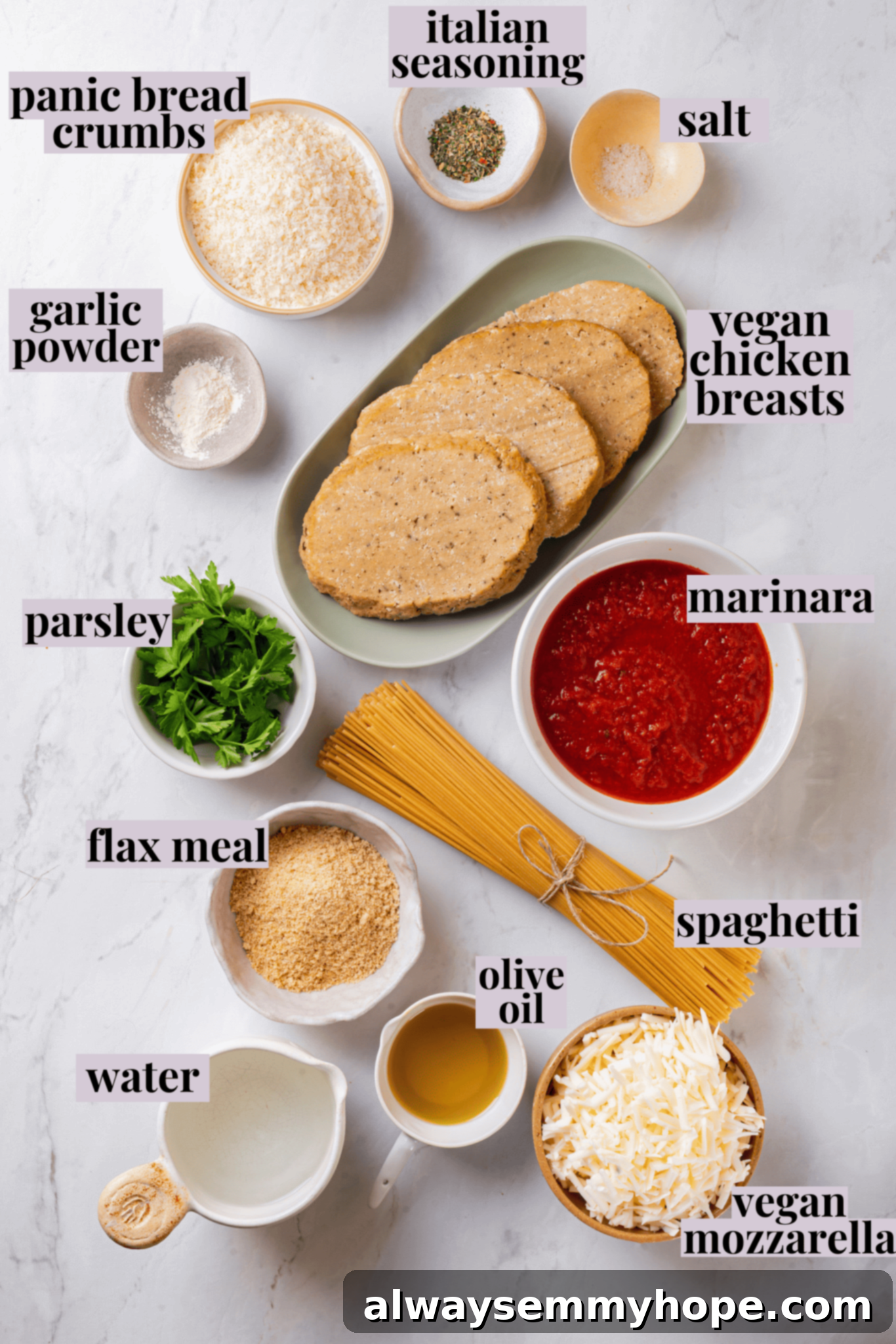 Overhead view of ingredients for chicken parmesan with labels