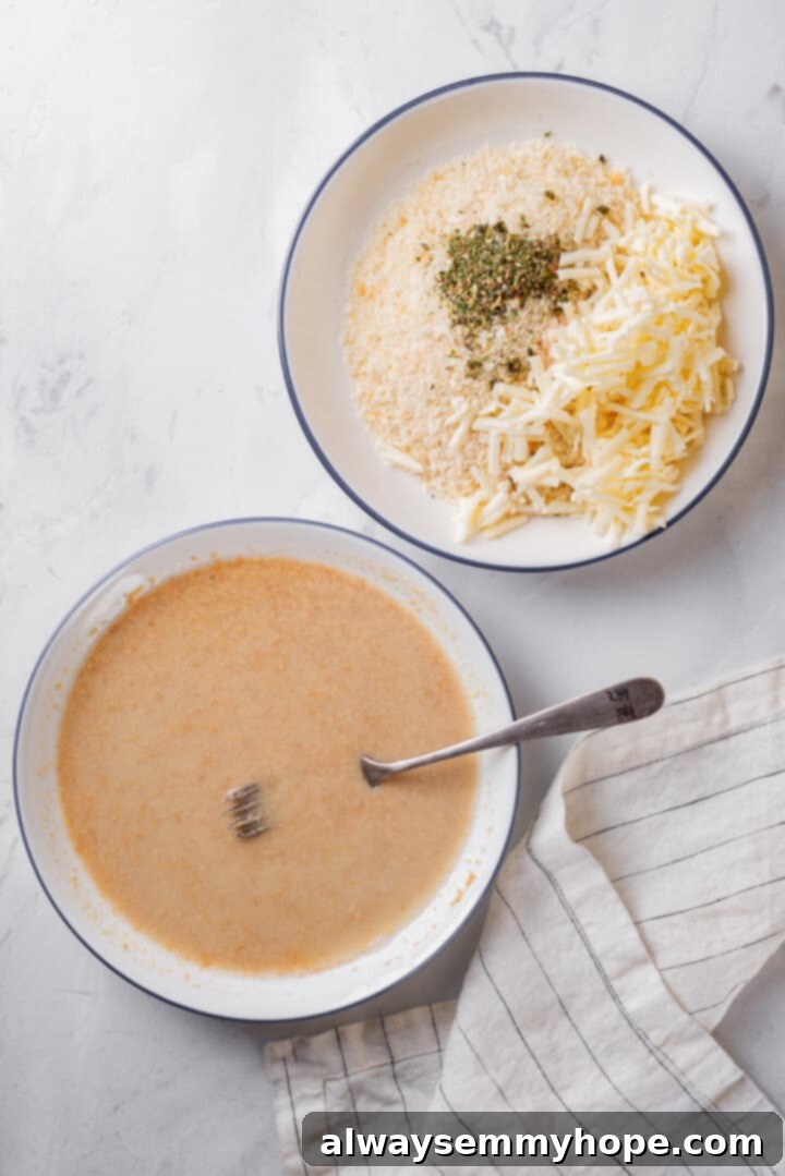 Overhead view of dredging bowls for vegan chicken parmesan