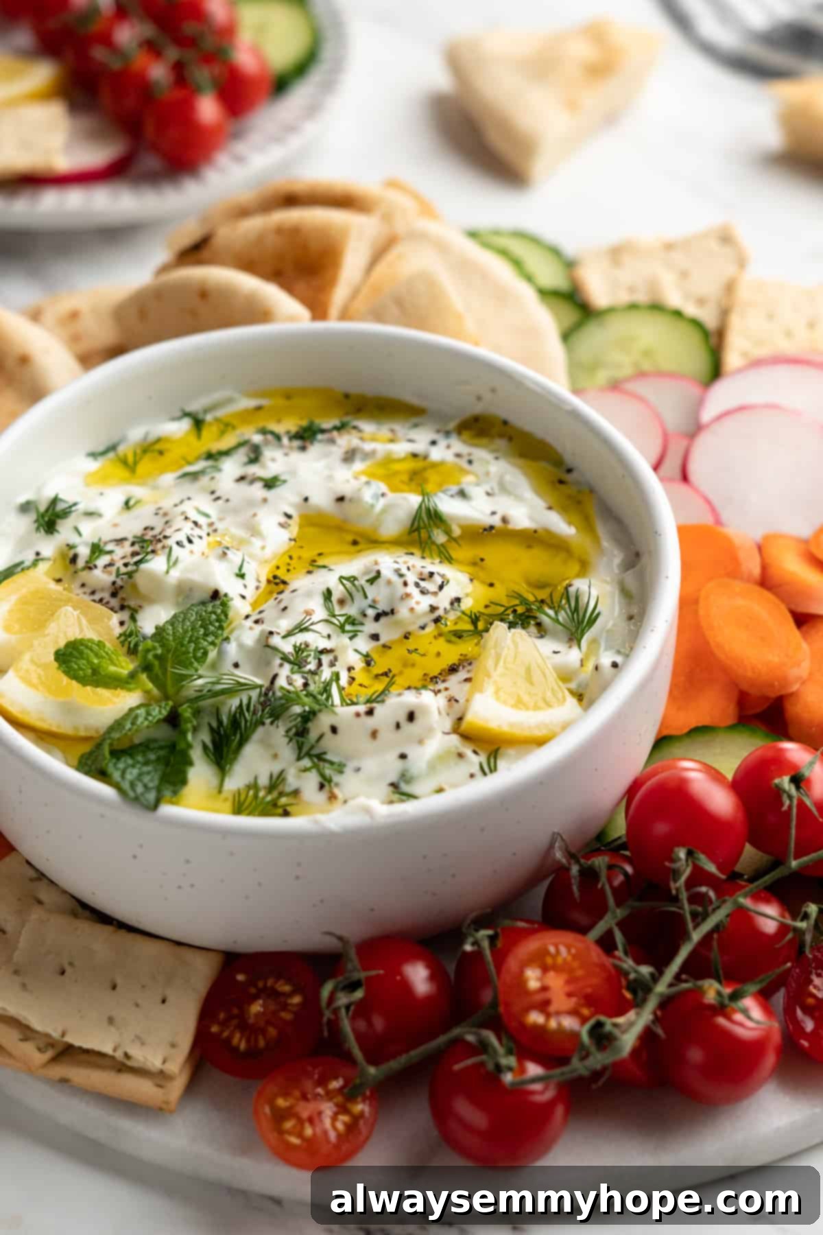 Homemade vegan tzatziki is a tangy, refreshing, and garlicky dip with bright lemon flavor. This easy plant-based recipe is perfect for any meal! A bowl of creamy vegan tzatziki surrounded by a platter of fresh vegetables, crackers, and warm pita bread.