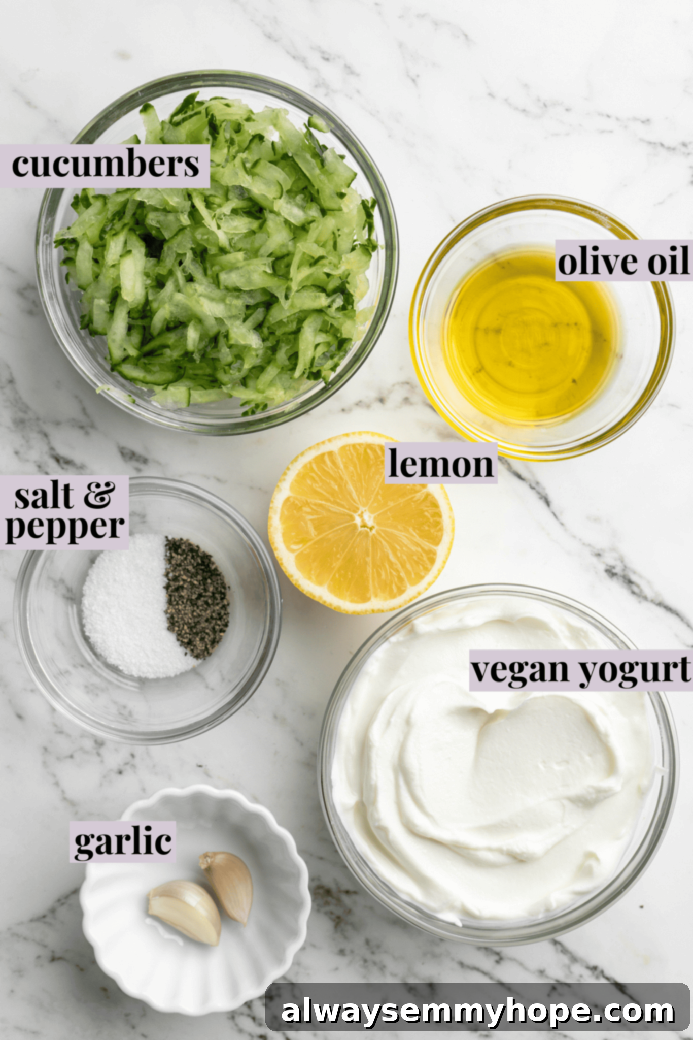 Homemade vegan tzatziki is a tangy, refreshing, and garlicky dip with bright lemon flavor. This easy plant-based recipe is perfect for any meal! An overhead shot showcasing the fresh ingredients required for vegan tzatziki, neatly arranged with labels for easy identification.