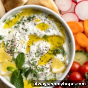 Tzatziki 2 Overhead view of vegan tzatziki in bowl with drizzle of olive oil, fresh herbs, and lemon pieces