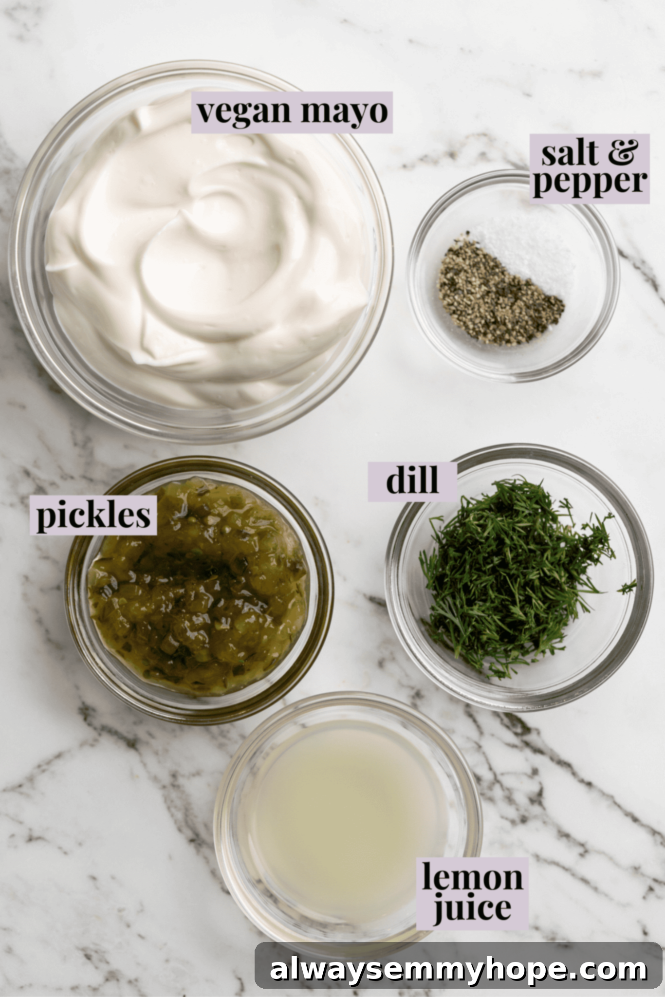 Overhead view of tartar sauce ingredients with labels