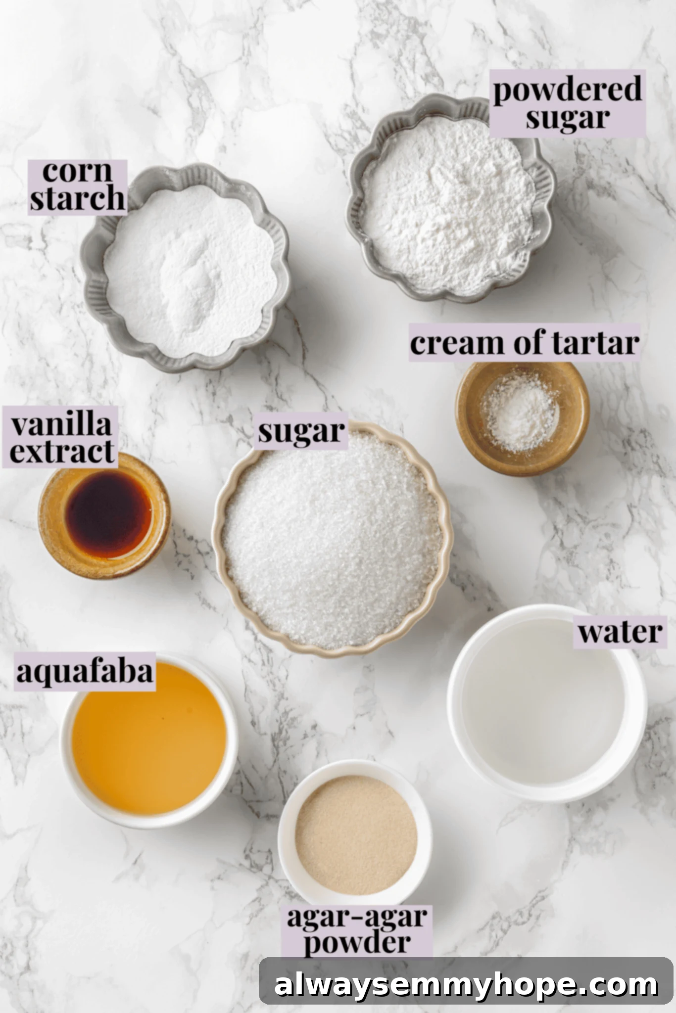 Overhead view of ingredients for vegan marshmallows with labels