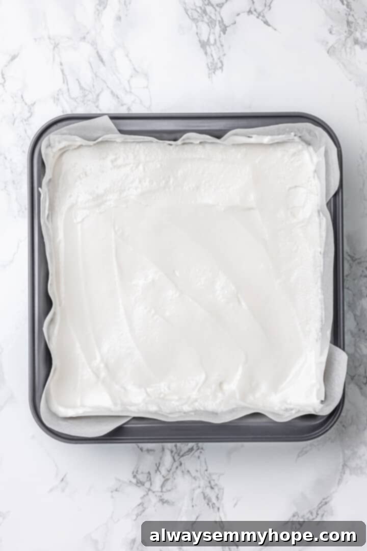 Overhead view of vegan marshmallow mixture in pan