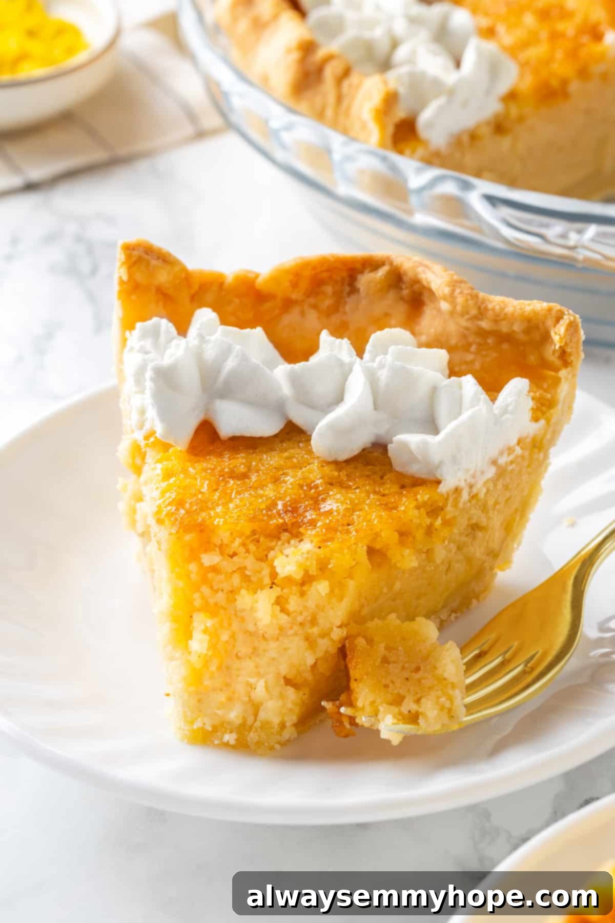 Slice of vegan buttermilk pie on plate with tip on fork