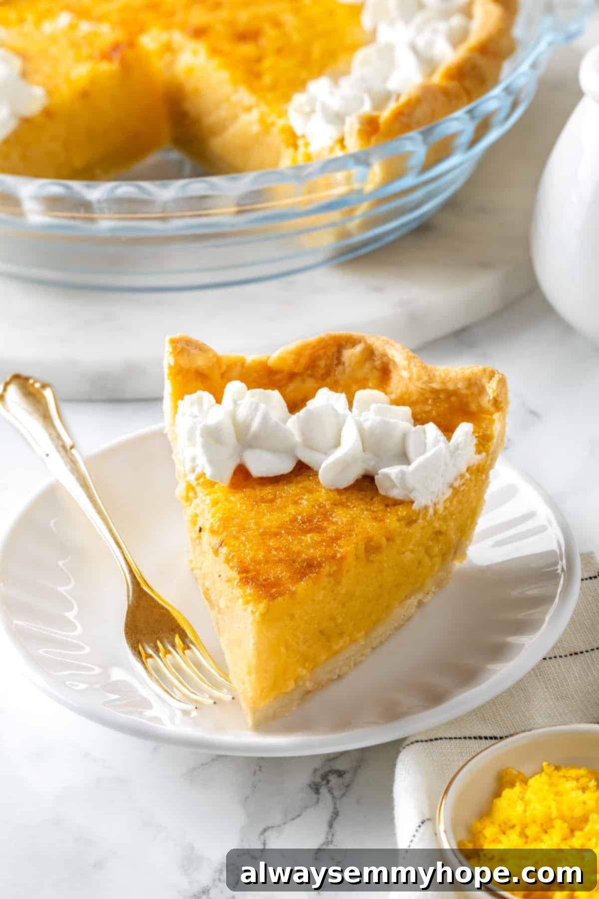 Slice of buttermilk pie on plate with fork