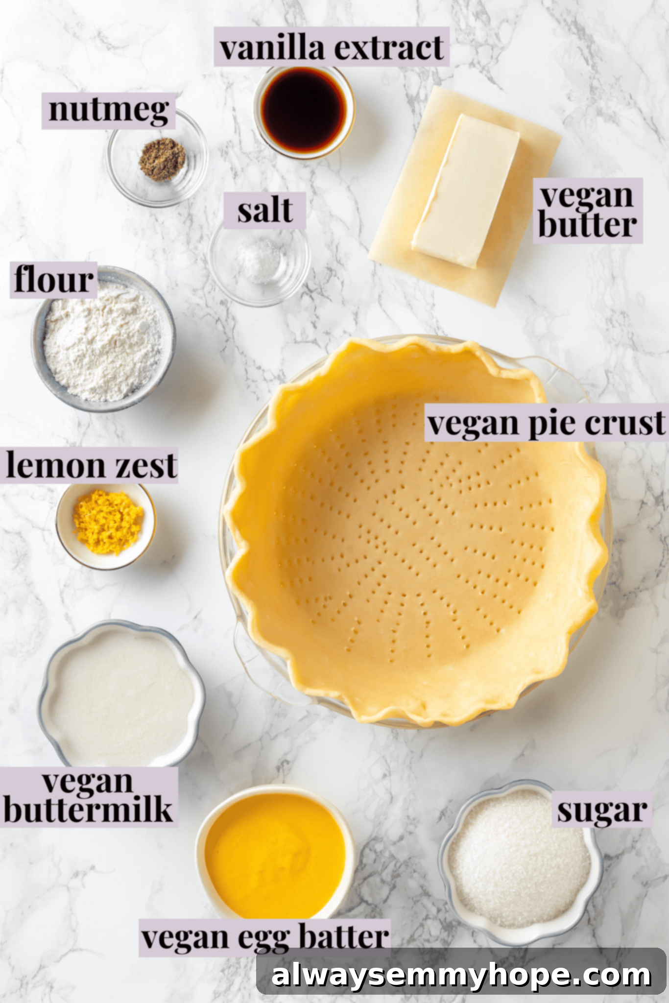 Overhead view of ingredients for buttermilk pie with labels