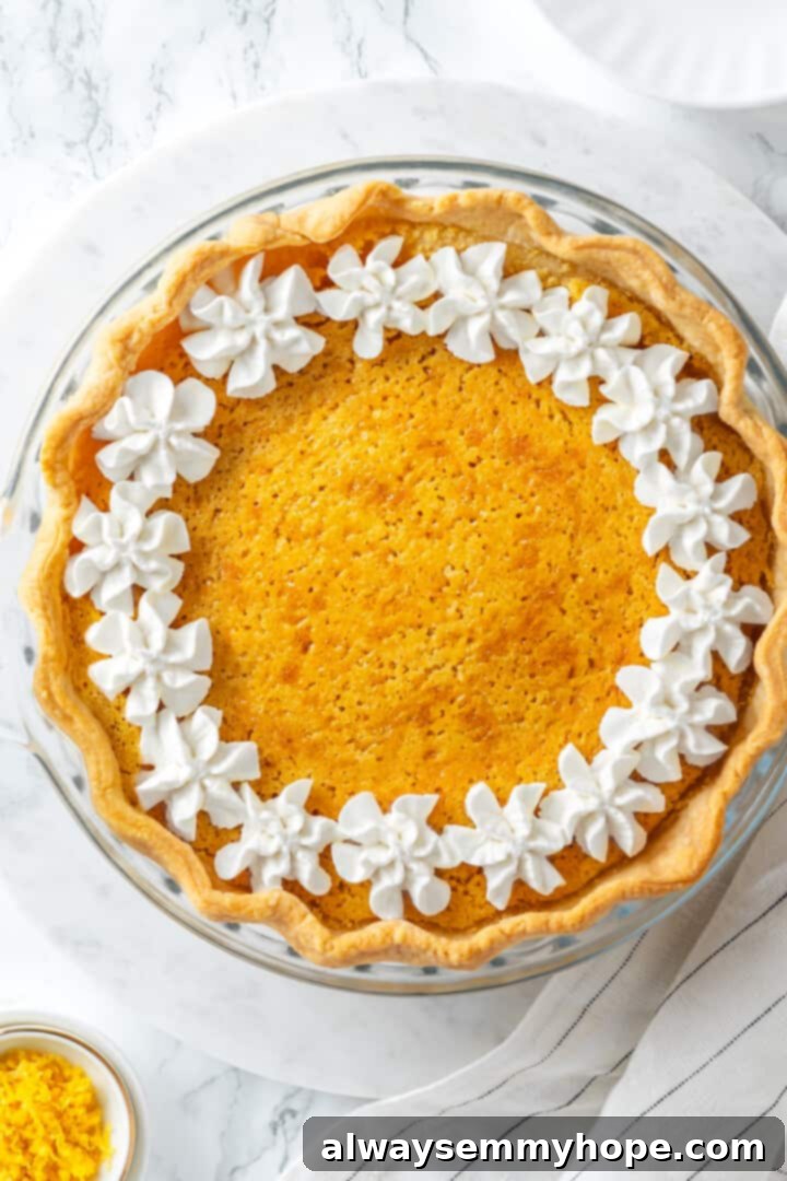 Overhead view of buttermilk pie in glass pie plate