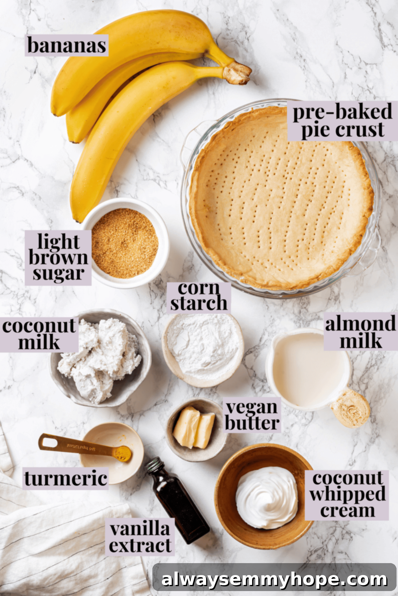 Overhead shot of all the key ingredients for vegan banana cream pie, neatly arranged with descriptive labels.
