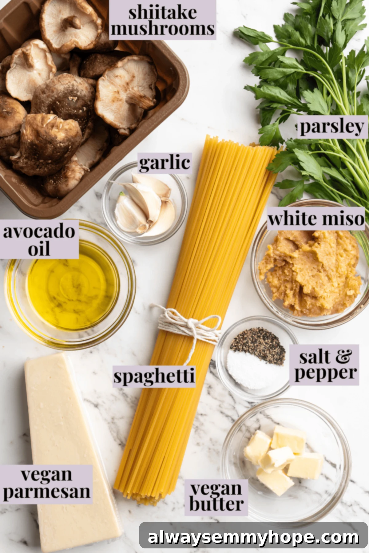 Overhead view of miso butter pasta ingredients with labels: spaghetti, avocado oil, vegan butter, shiitake mushrooms, salt, pepper, garlic, white miso, pasta water, vegan Parmesan, fresh parsley.
