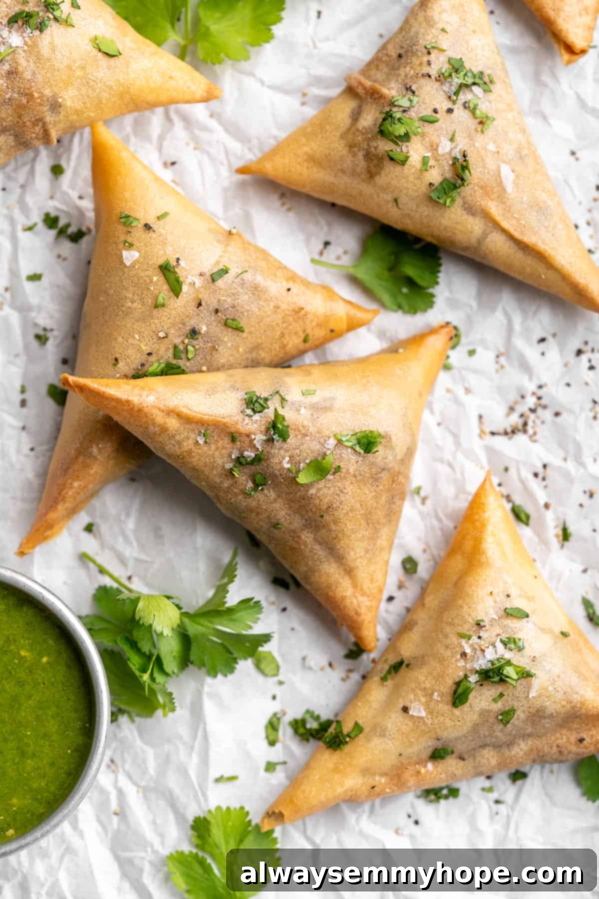 Overhead view of vegan sambusas with bowl of dipping sauce and cilantro leaves