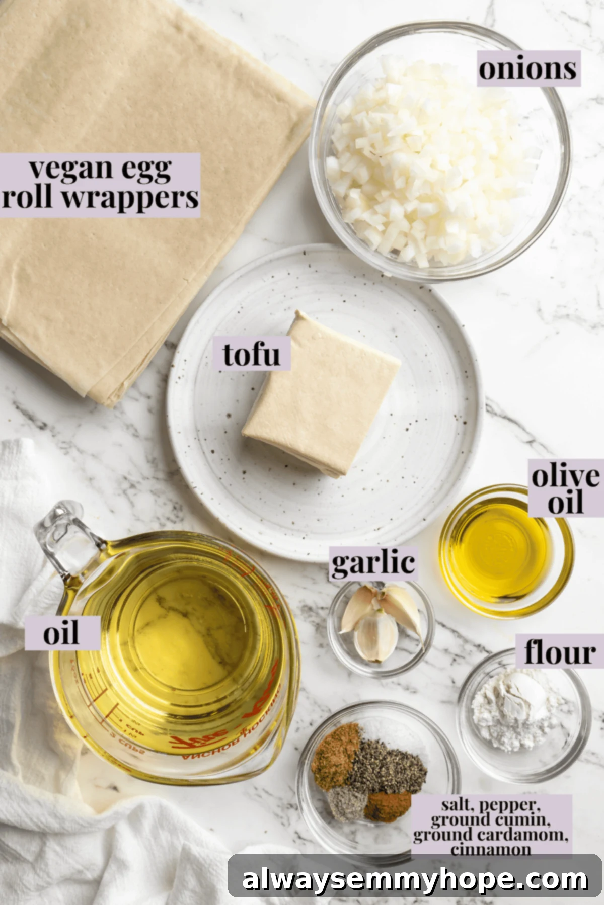 Overhead view of sambusa ingredients with labels