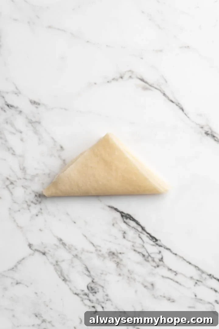 Overhead view of sambusa wrapper folded into triangle