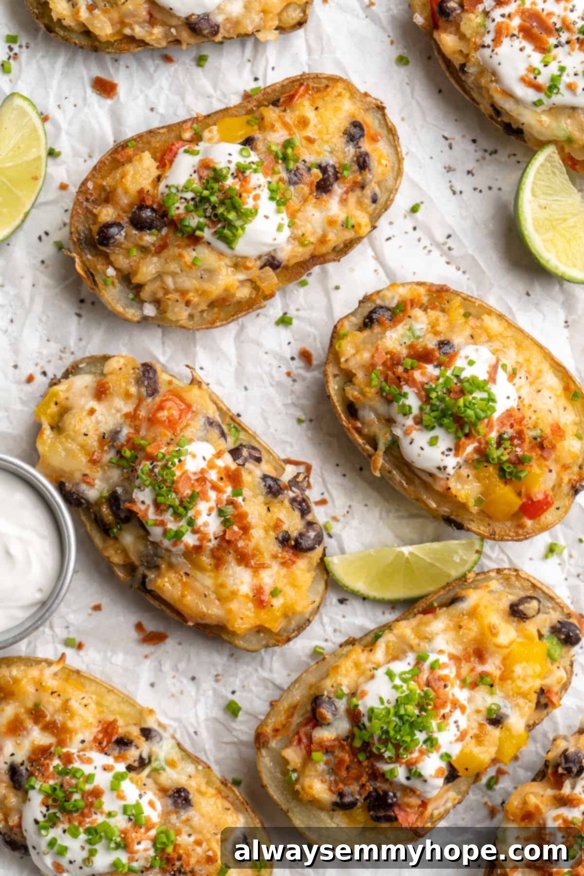 Overhead view of loaded potato skins on parchment-lined baking sheet