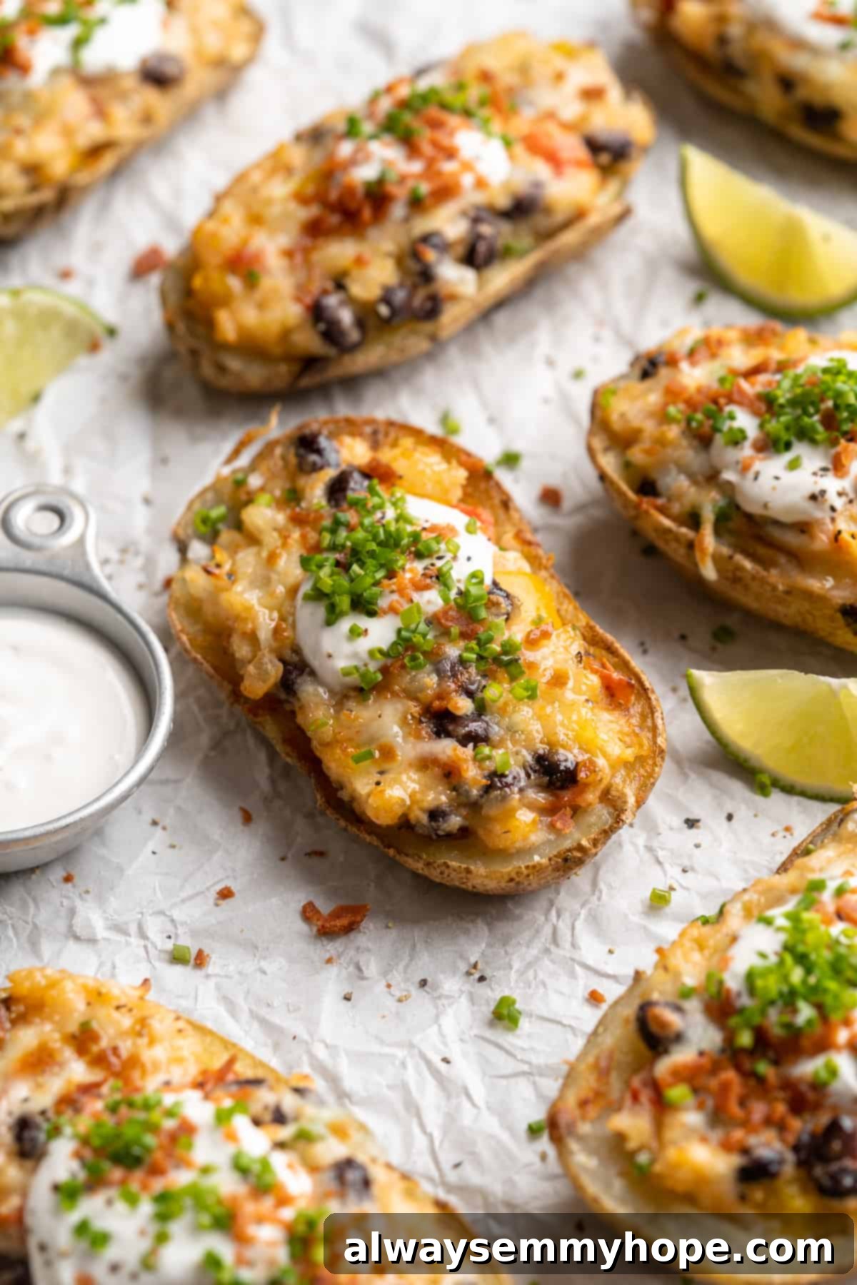 Loaded potato skins on parchment paper with cup of vegan sour cream and lime wedges