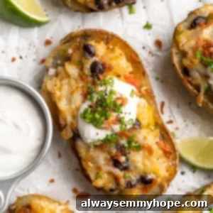 Overhead view of healthy loaded potato skin topped with chives, vegan bacon, and sour cream